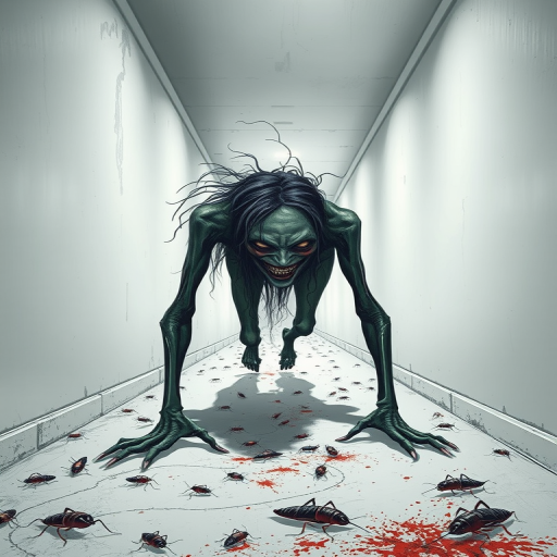 a crooked female with long arms and a creepy smile is crawling along a long white corridor and you can also see cockroaches in it there is a creepy atmosphere creepy art style