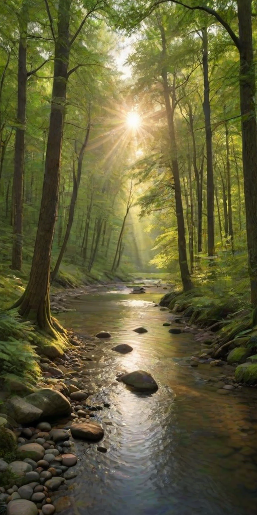 Create an image of a serene, sunlit forest scene with a clear, gently flowing river. Tall trees with lush green foliage line both sides of the river, their leaves bathed in the warm golden light of the setting or rising sun. The sunlight filters through the trees, casting soft, dappled light on the river, which flows over smooth rocks and pebbles, creating a peaceful, natural atmosphere. The sky is bright with a few scattered clouds, and the overall mood is tranquil, evoking a deep sense of connection with nature. The image captures the beauty of a calm, pristine forest landscape at either dawn or dusk.