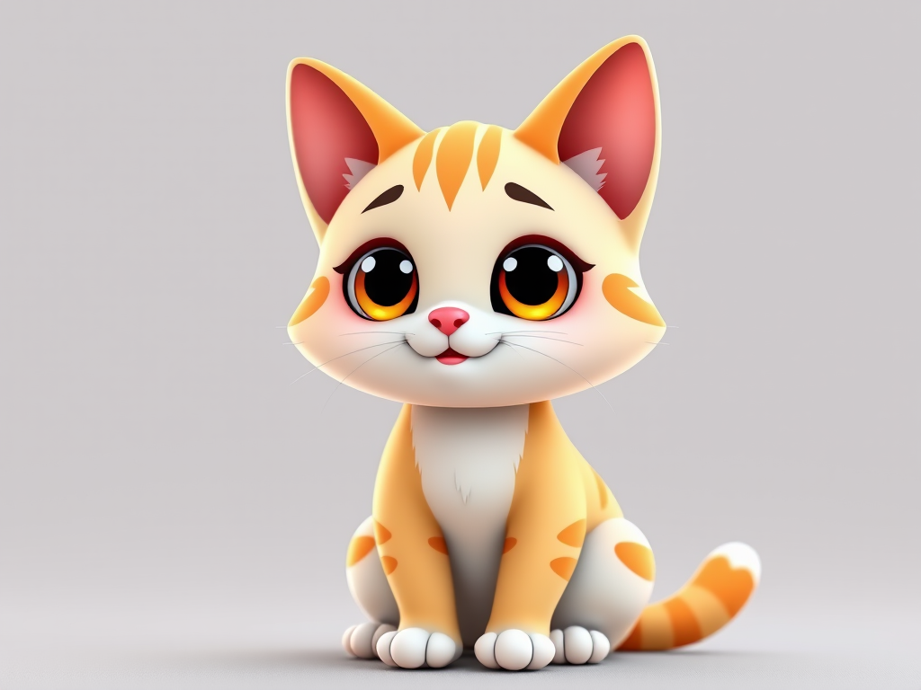 Generate a cute cartoon cat character sitting upright with big eyes and a smiling expression, using vibrant colors and soft shading, captured with a DSLR camera at f/2.8 aperture, 50mm lens, in natural light for enhanced image quality.