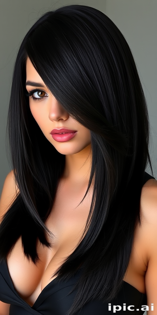 Captivating raven-haired enchantress with hip-length, pin-straight locks, showcasing a dramatic side part and glossy finish