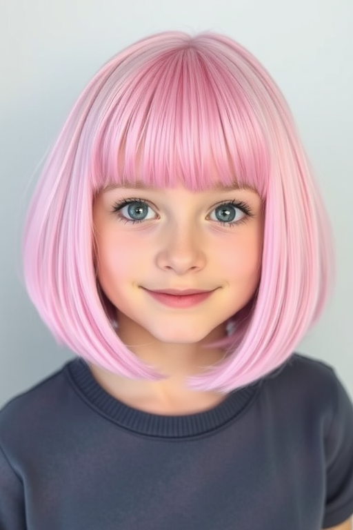 Playful bubblegum pink bob with blunt bangs and subtle lilac highlights, creating a whimsical and youthful appearance in the charming "Cotton Candy Dream" cut