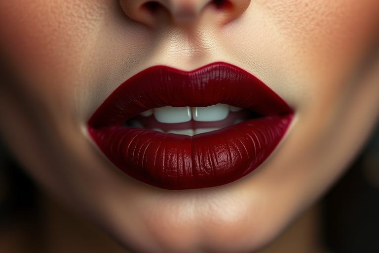 Romantic burgundy lips with a velvet matte finish, exuding sophistication and mystery, ideal for evening wear and formal occasions