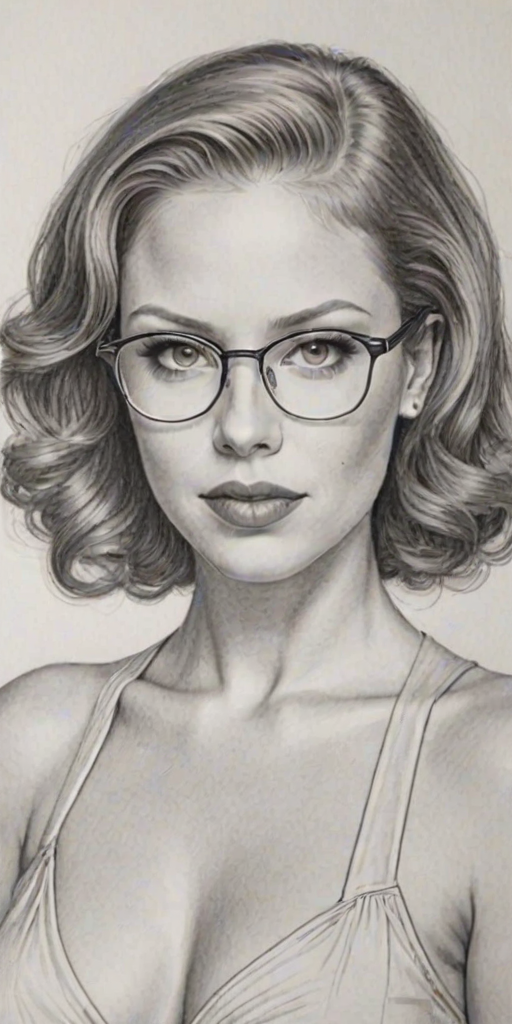 Lovely Maitland Ward, pencil sketch, portrait of Graceful woman 1938s in glasses, hair style beatnik, outline, clear lines, fine lines, 8k