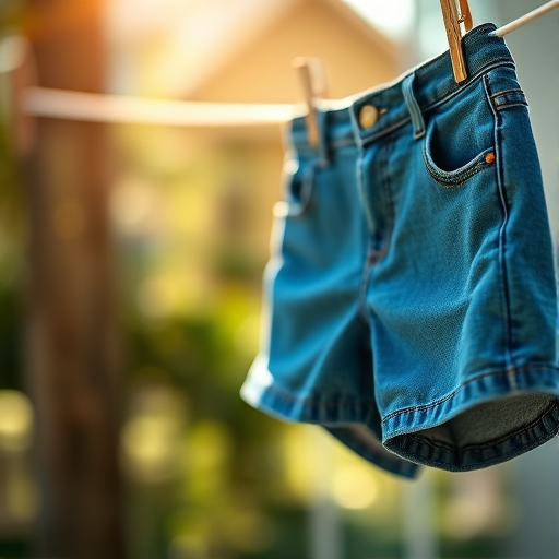 Capture a close-up shot of blue denim shorts hanging on a clothesline in natural light using a DSLR camera with a shallow depth of field, aperture set to f/2.8, ISO 100, and a focal length of 50mm with a slightly tilted angle to create a dynamic perspective.