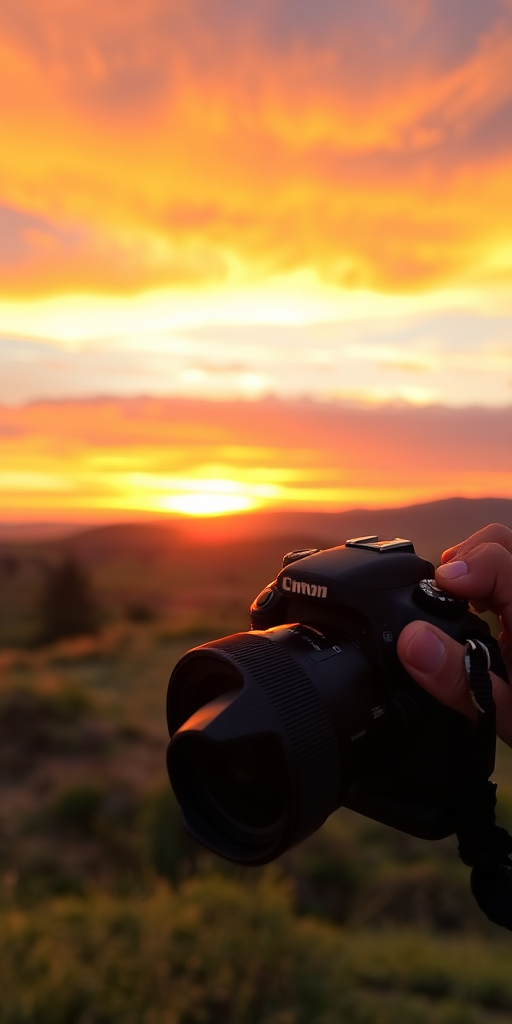Capture an image of a serene landscape at sunset with vibrant colors, using a DSLR camera with a 50mm lens, aperture set to f/2.8, ISO 100, shutter speed 1/200s, in landscape orientation for enhanced depth and clarity.