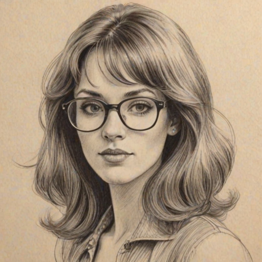 Alluring Tanya Chisholm, pencil sketch, portrait of Charming woman 1975s in glasses, hair style beatnik, outline, clear lines, fine lines, 8k