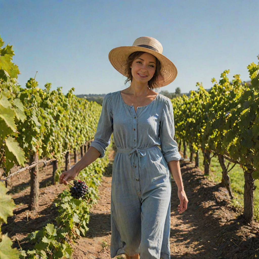 Sunny vineyard, rows of grapevines stretching out beneath a clear blue sky, a woman in a wide-brimmed hat walks between the rows, her hand gently brushing the ripe fruit.