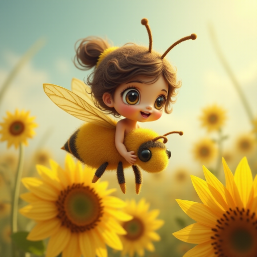 a whimsical cute girl with big eyes, big hair and flowing dress, riding astride a bumble bee, and flying across the top of the sunflower, which are just waking up, and catching dew drop of rain