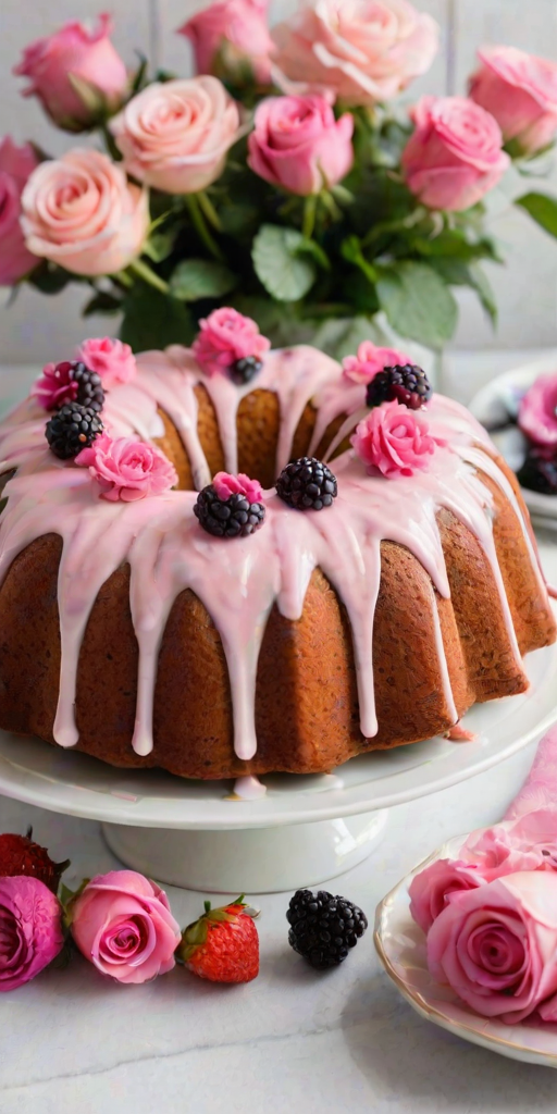 Create an image of a beautifully decorated bundt cake on a white plate. The cake should have a pink icing drizzle and be topped with fresh blackberries. Surround the cake with a few blackberries scattered on the plate and a small bouquet of pink roses in a white vase in the background. The setting should be bright and airy, with a clean and simple aesthetic.