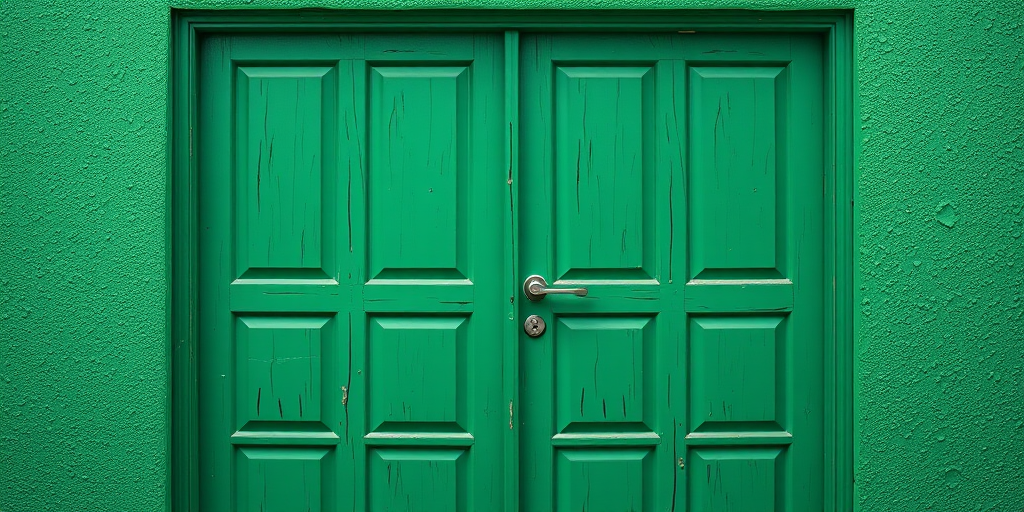 Create an illustration of a pair of green doors with a textured surface, shot with a Canon EOS R5, f/4 aperture, ISO 100, 50mm lens, overhead view, natural lighting, high resolution.