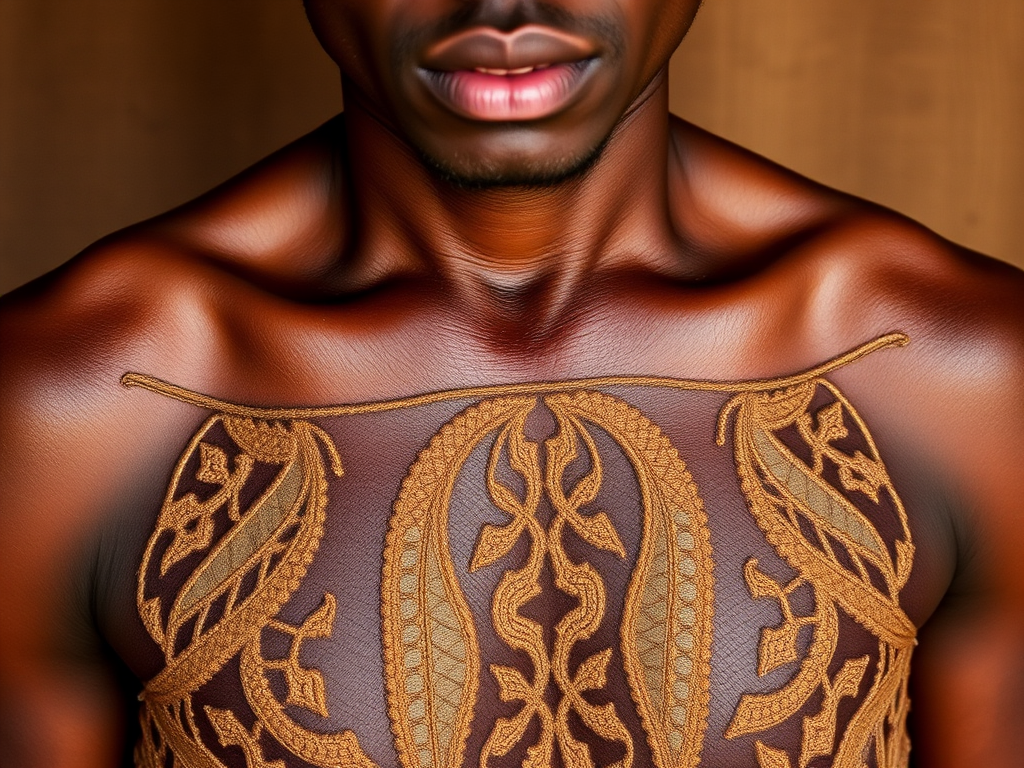 Face, shoulders, chest covered in openwork Igbo embroidery. Raw, unedited image.