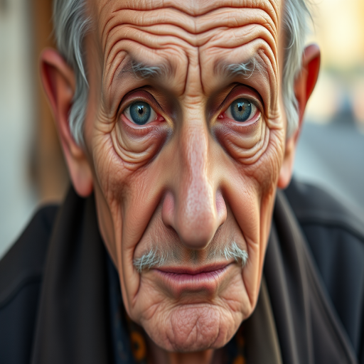 Create a high-resolution portrait of an elderly man with deep wrinkles and expressive eyes, using a Canon EOS R5 camera at 85mm focal length, aperture f/1.8, ISO 100, in natural lighting, with a shallow depth of field and a soft focus background.