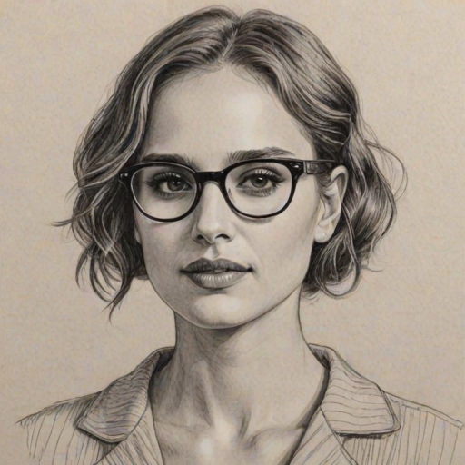 Enticing Natalie Portman, pencil sketch, portrait of Comely woman 1927s in glasses, hair style beatnik, outline, clear lines, fine lines, 8k
