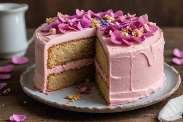 Generate an image of a beautifully sliced cake with a pink mousse layer on top. The cake is presented on a decorative plate, and the slice on the plate has a crumbly base with hints of nuts. The cake is garnished with edible flowers and has a rustic, elegant appearance. The background should be softly blurred to emphasize the cake.