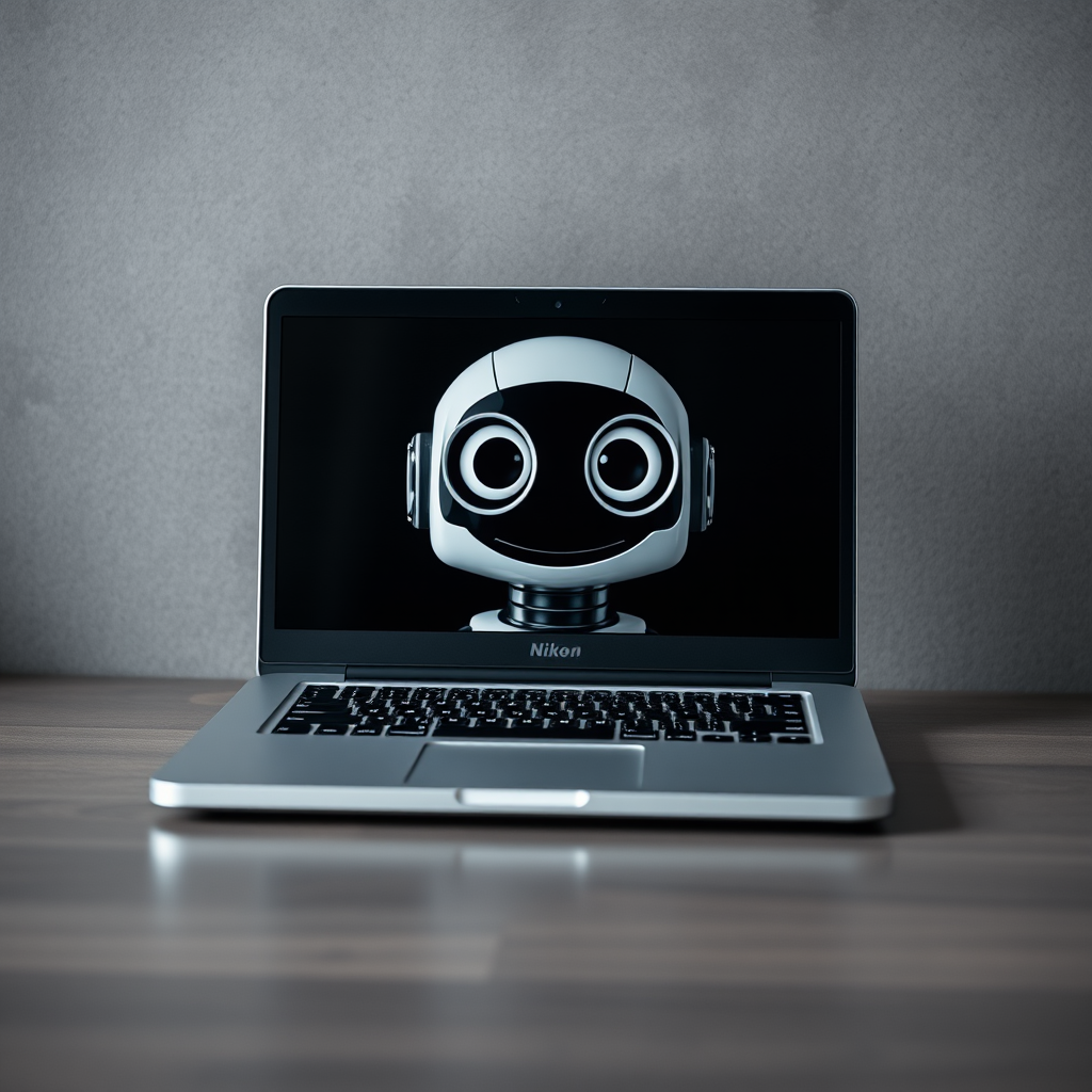 Create an image of a laptop displaying a friendly robot face with large expressive eyes, set against a textured grey background, using a Nikon D850 camera, 50mm lens, f/1.8 aperture, ISO 100, natural light, and a shallow depth of field for enhanced focus on the laptop and robot.