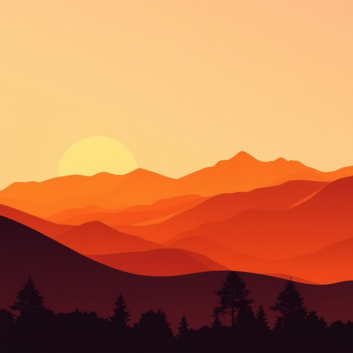 Create a high-quality vector landscape illustration featuring stylized mountains in warm orange hues during sunset, shot with a Canon EOS R5 at f/8, ISO 100, 50mm lens, with a wide-angle view to capture the expansive hills and silhouettes of trees in the foreground.