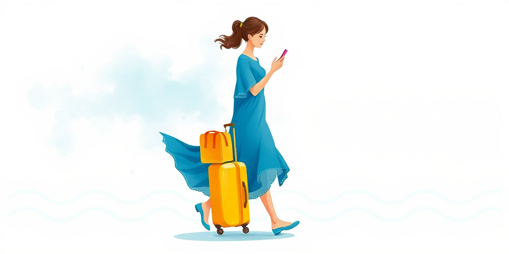 Create an illustration of a woman in a flowing blue dress walking with a yellow suitcase, looking at her phone, set against a soft watercolor background with gentle wave patterns, using a Canon EOS R5 camera, with a 50mm f/1.2 lens, aperture set to f/2.8, 1/200s shutter speed, and ISO 100 for enhanced clarity and vibrant colors.