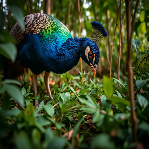 Photography of a peacock foraging in lush greenery, shot with a DSLR camera using a 50mm lens at f/2.8 aperture, shutter speed 1/200 sec, ISO 200, with a shallow depth of field to emphasize the vibrant colors and textures of the plumage and surroundings, captured from a low angle for a dynamic perspective.