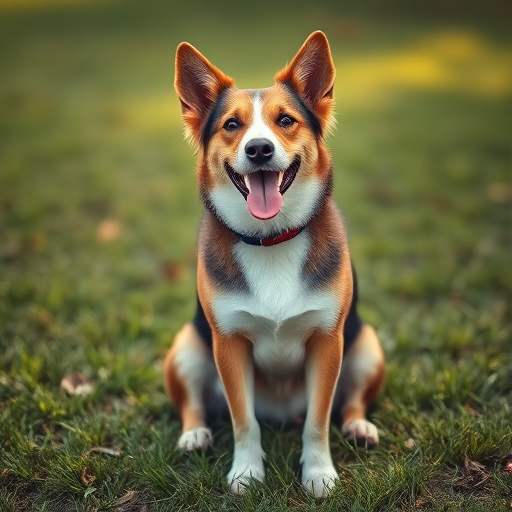 A happy dog sitting on green grass, captured with a Canon EOS R5 camera, 50mm f/1.8 lens, aperture f/2.8, ISO 200, soft natural lighting, shallow depth of field, portrait style.