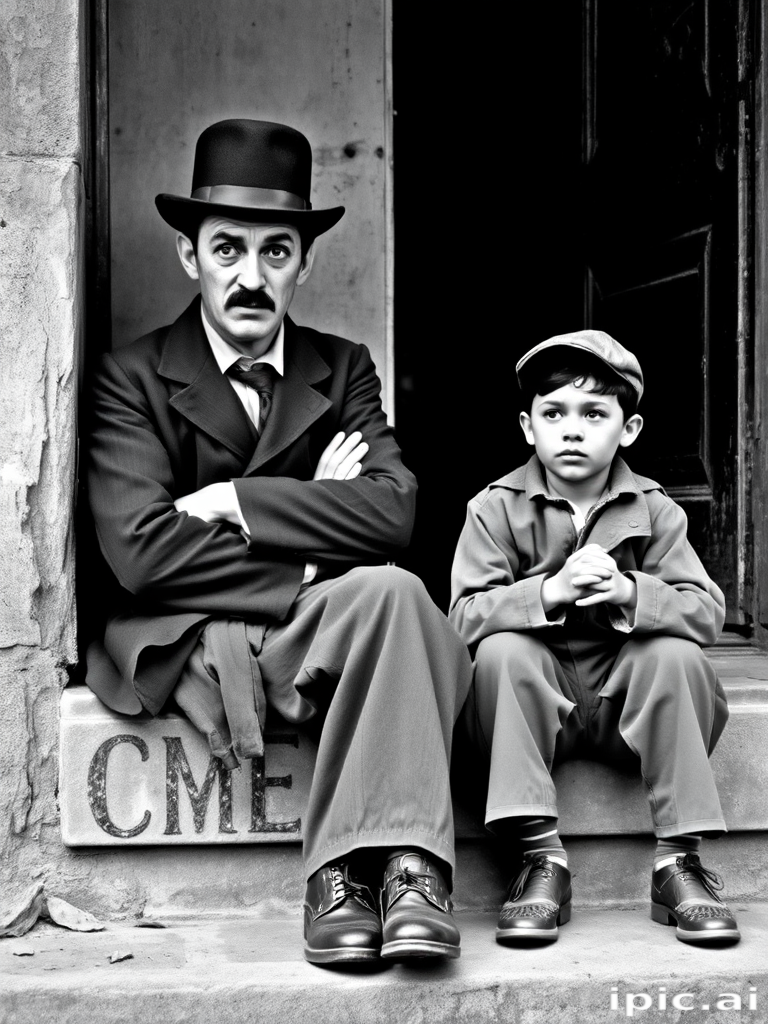 A black-and-white photograph of a man and a child sitting on steps in front of a doorway. The man is dressed as a tramp with a bowler hat, mustache, and ragged clothes, reminiscent of Charlie Chaplin's iconic look. He is sitting with his arms crossed and an expression of slight sadness or frustration. Next to him is a young boy, also in worn clothes and a cap, sitting with his hands clasped, looking thoughtful. The background is an old, textured wall and a partially open door, creating a vintage, early 20th-century atmosphere.