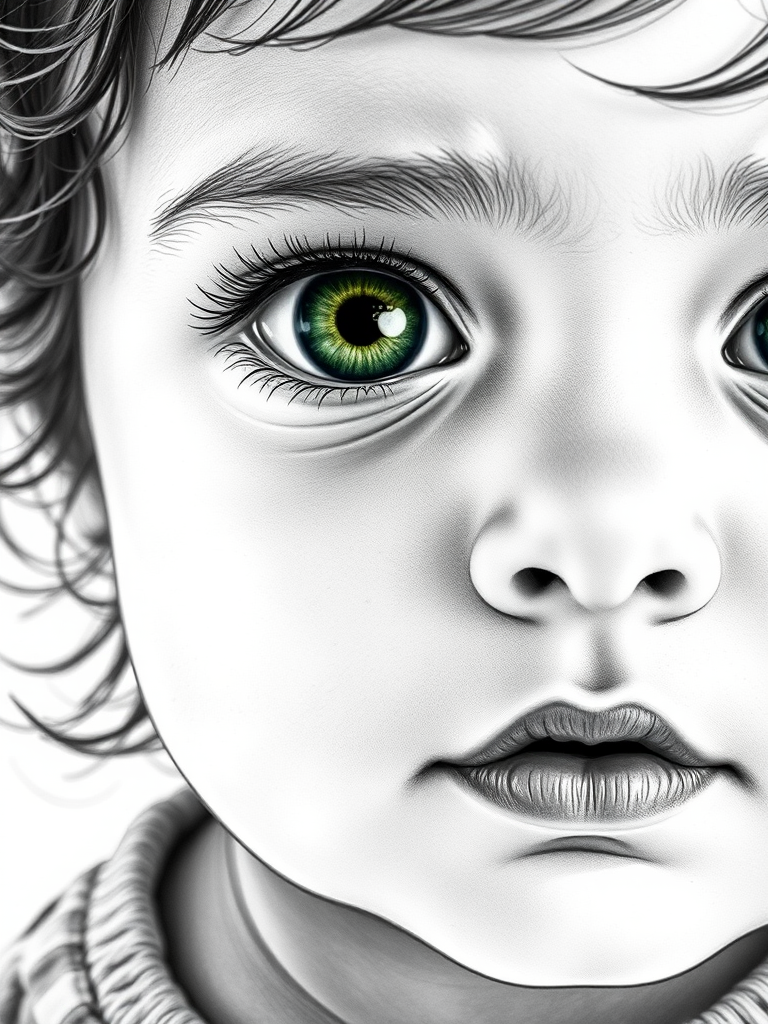A hyperdetailed photorealistic black and white sketch of a beautiful toddler with deep green eyes, with a macro focus