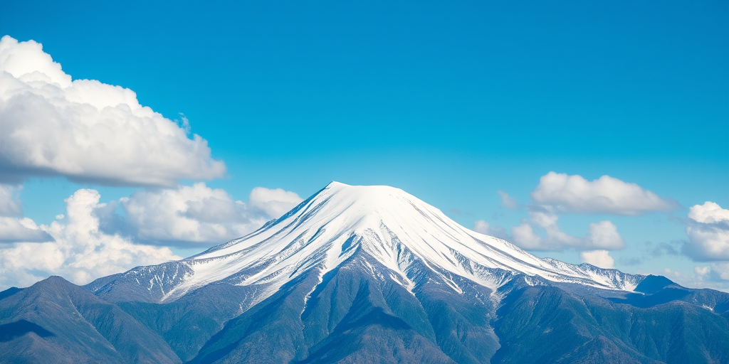 Capture a high-resolution image of a snow-capped mountain peak under a clear blue sky with fluffy white clouds, using a DSLR camera with a 24mm lens, f/8 aperture, ISO 100, and 1/250 sec shutter speed, taken from a slightly elevated angle to showcase the mountain's grandeur.