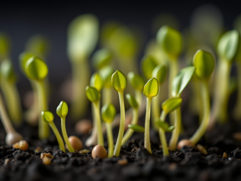 close-up of sprouting seeds with vibrant green leaves on a black background, DSLR camera, f/2.8 aperture, ISO 100, 50mm lens, soft natural lighting, shallow depth of field