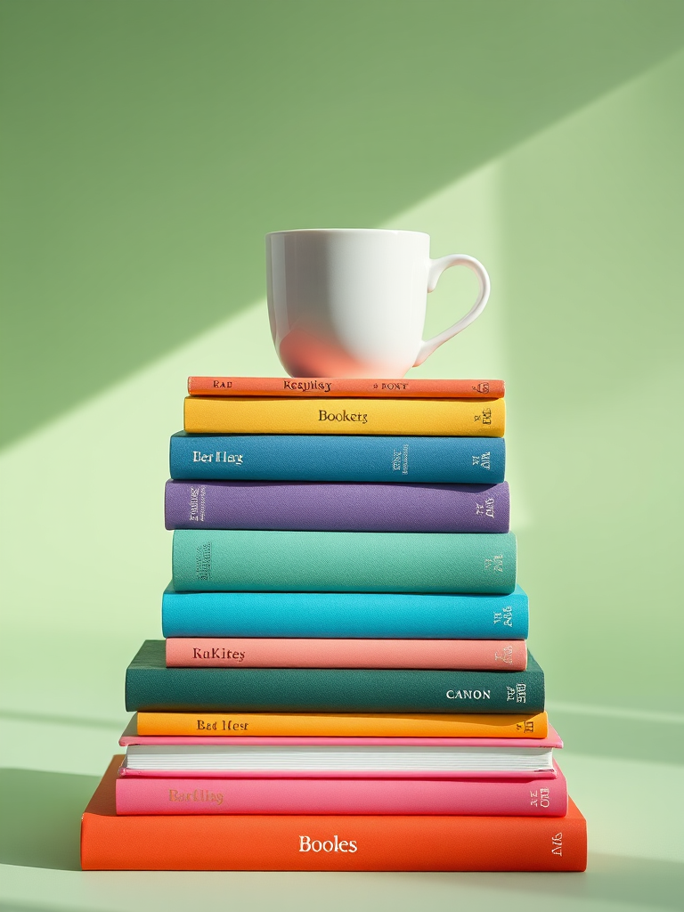 Regenerate the image of a stack of colorful books with a cup on top, using a Canon EOS R5 camera, 50mm lens, f/2.8 aperture, ISO 100, in natural light, focusing on a soft pastel green background.