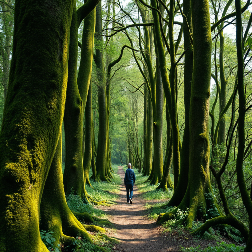 A scenic view of a person walking through a lush green forest with moss-covered trees on either side, captured with a full-frame DSLR camera, 24mm lens, aperture f/8, ISO 200, natural lighting, mid-morning sunlight, wide-angle perspective.