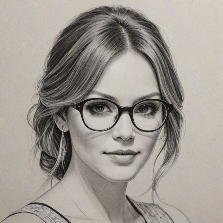 Captivating Katharine McPhee, pencil sketch, portrait of Elegant woman 1968s in glasses, hair style beatnik, outline, clear lines, fine lines, 8k