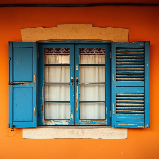 regenerate a photo of a vintage window with blue wooden shutters on an orange wall, captured with a DSLR camera, 50mm lens, aperture f/2.8, ISO 100, natural lighting, eye-level angle, high resolution