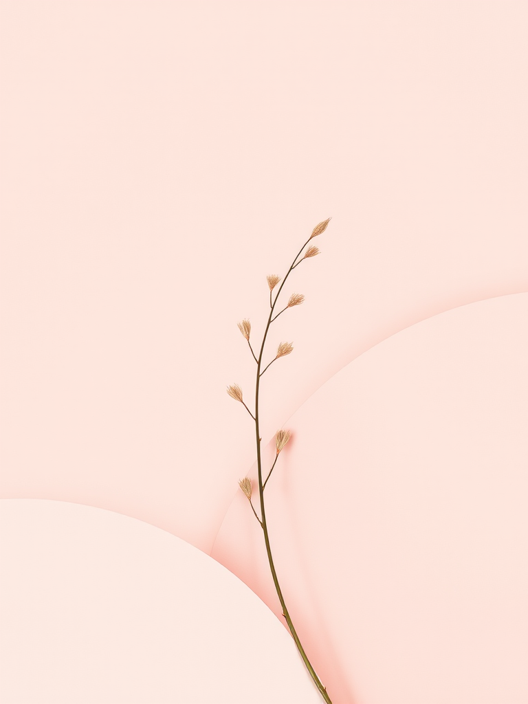 Create an abstract minimalist background featuring soft pink and beige organic shapes, with simple line art of a plant; use a Canon EOS R5 camera at f/2.8, ISO 100, and shutter speed 1/60s for enhanced detail, macro view with high color saturation and contrast, capturing the smooth texture and fluid lines.