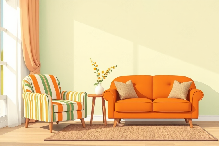 Generate a detailed illustration of a cozy living room featuring a striped armchair and a solid orange sofa, with a small wooden side table adorned with a flower vase, against a light green wall with subtle patterns, use a wide-angle lens with f/5.6 aperture, ISO 100, 24mm focal length, and a soft lighting style.