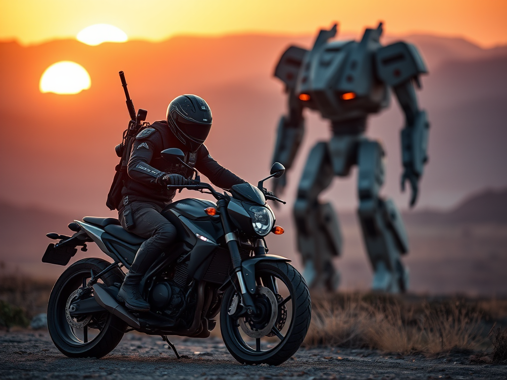 Create a sci-fi landscape featuring a futuristic warrior on a motorcycle with a giant robot in the background under a golden sunset, using a DSLR camera with a 50mm lens, f/1.8 aperture, ISO 100, and a shallow depth of field for enhanced detail and clarity.