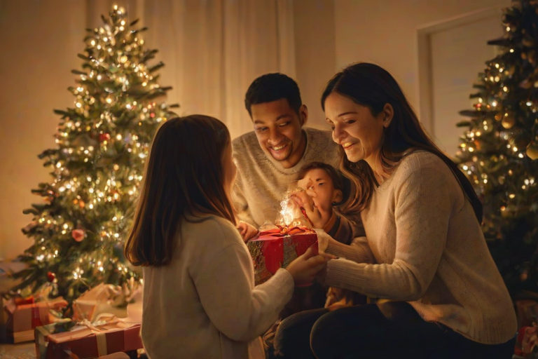 Warm, softly lit image of a family decorating a Christmas tree, soft glow from the string lights illuminating their faces, with presents and festive decorations scattered around.