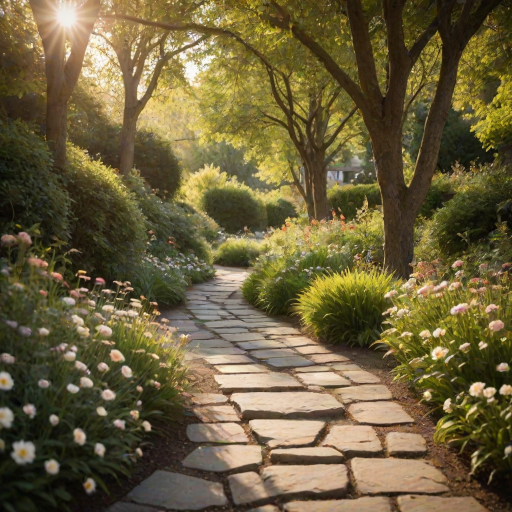 Soft-focus image of a narrow stone pathway winding through a sunlit garden, with soft golden light filtering through the trees and flowers blooming on either side.