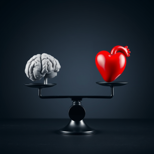 A balanced scale with a gray brain on one side and a red heart on the other, minimalistic design, studio lighting, Canon EOS R5, f/8, 1/125s, ISO 100, 50mm lens, centered composition.