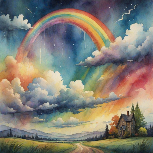 A whimsical and surreal sky with a vibrant rainbow, featuring dramatic lighting effects and a textured watercolor background, with a touch of gothic aesthetic.