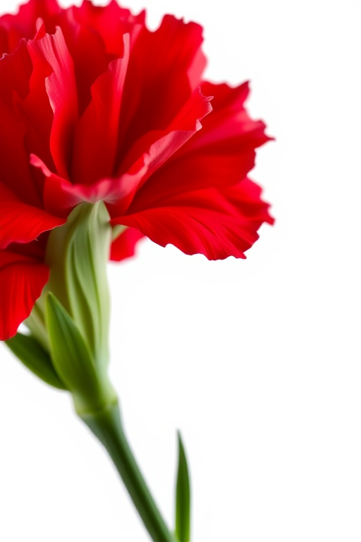Create a high-resolution digital illustration of a red carnation flower on a transparent background, using a macro lens with f/2.8 aperture, shot from a slightly elevated angle, in a studio lighting setup, with a focus on the intricate details of the petals and leaves.