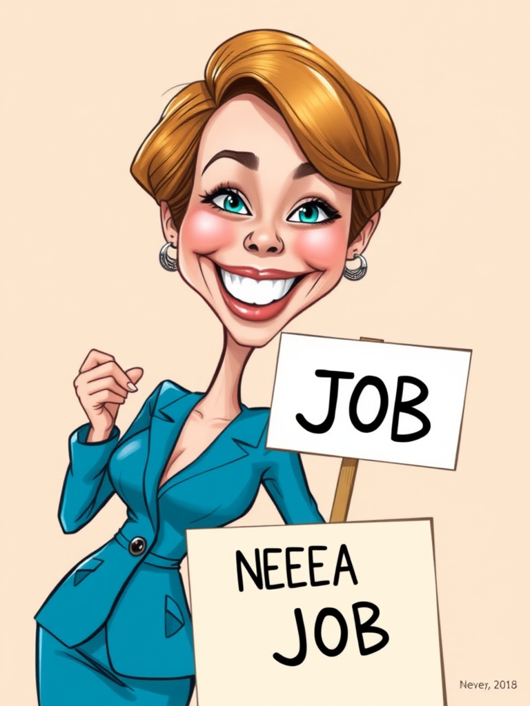 caricature of a smiling Emma Stone in a Cobalt dress or suit, holding up a sign that says "NEED A JOB", no watermark,