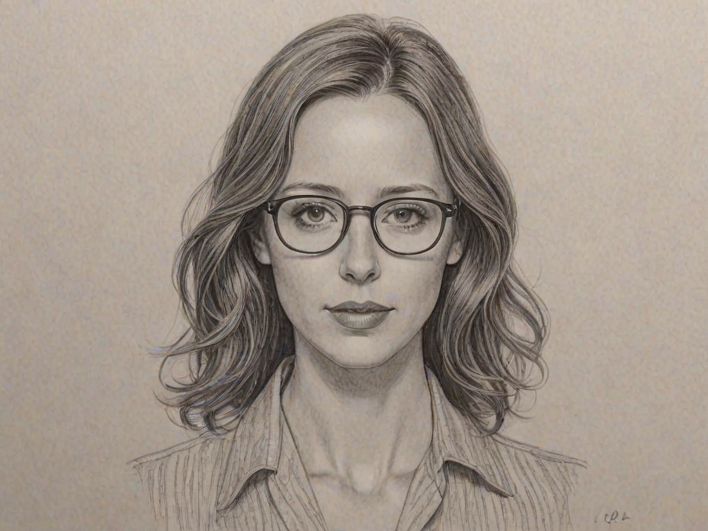 Stunning Amy Acker, pencil sketch, portrait of Appealing woman 1926s in glasses, hair style beatnik, outline, clear lines, fine lines, 8k