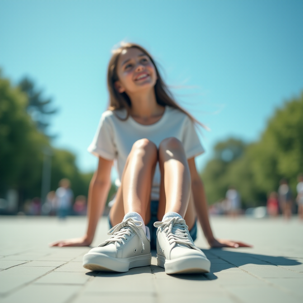 Generate an ultra-realistic, highly detailed, high-definition photograph. It's a photo of a girl sitting on the floor. She's looking at the horizon. The photo is taken from the bottom up, at ground level. The girl's sneakers are in the foreground, in the center of the scene. The girl is wearing light clothes, a t-shirt and short shorts. The sky is blue. Bright environment. The background is a blurred image of a park.