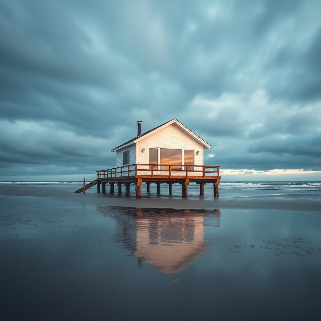 capture a minimalist beach house on stilts at low tide with moody clouds, use a Canon EOS R5 with a 24-70mm f/2.8 lens, aperture set to f/8 for depth of field, ISO 100, shutter speed 1/250 seconds, wide-angle view to emphasize the surroundings and soft natural lighting for clarity