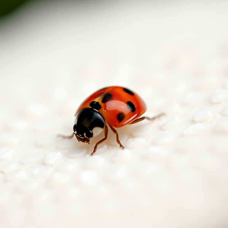 Macro shot of a ladybug centered on a textured light background, shallow depth of field, f/2.8 aperture, 100mm macro lens, ISO 200, natural soft lighting, high detail and vibrant colors.