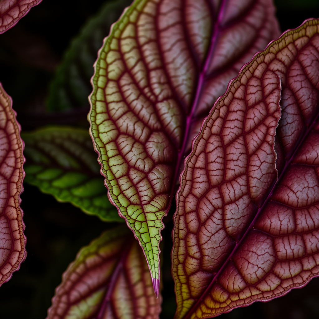 Close-up photograph of textured leaves with vibrant green and dark maroon colors, shallow depth of field, natural lighting, 50mm lens, f/2.8 aperture, ISO 100, taken with a DSLR camera.