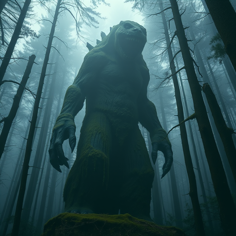 Generate an image of a towering monster covered in moss, standing menacingly in a misty forest, captured with a Canon EOS R5, 24mm lens, f/2.8 aperture, ISO 800, 1/60 sec shutter speed, using a low-angle shot to emphasize its height and presence in a dark, atmospheric setting.