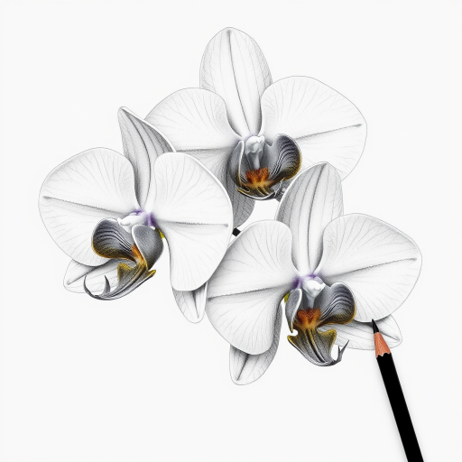Regenerate a detailed pencil drawing of three orchid flowers arranged vertically, focusing on intricate petal textures and shading, captured with a Canon EOS R5 camera, 50mm lens, f/2.8 aperture, ISO 100, natural soft lighting for enhanced detail and contrast.