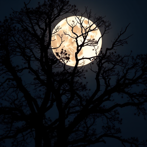 generate a high-quality black silhouette of a tree with intricate branches and leaves against a bright full moon background, taken with a Canon EOS R5, 50mm lens, f/1.8 aperture, ISO 100, shot at dusk for enhanced contrast and detail