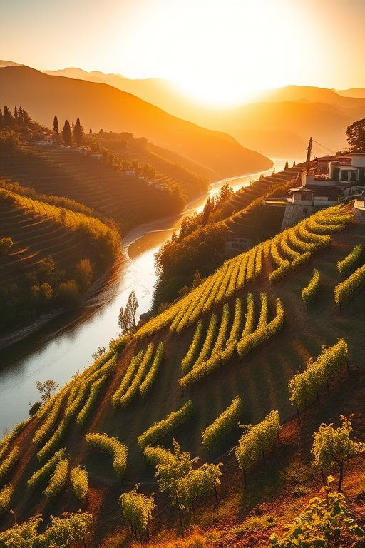 regenerate a vibrant landscape of terraced vineyards along a river, captured in golden hour lighting with a DSLR camera, f/8 aperture, ISO 100, 35mm lens, landscape orientation, high dynamic range imaging