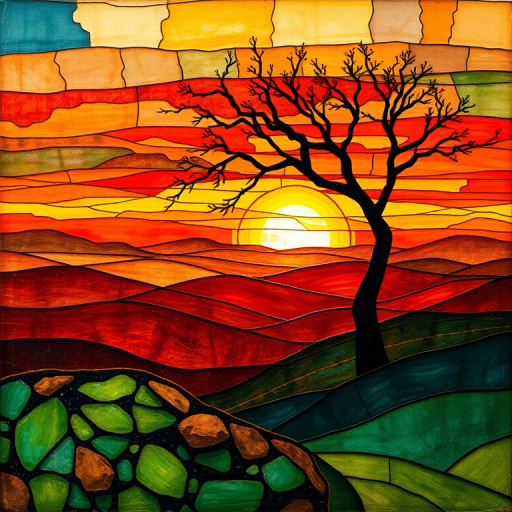 A vibrant abstract painting on Tiffany Glass, blending acrylic and alcohol ink techniques, captures a dramatic sunset over rolling hills. The artwork features a textured, rocky foreground in green and brown, layered abstract hills, and a striking sunset in rich oranges, yellows, and reds. A solitary black tree with intricate branches contrasts against the fiery sky, creating a dynamic and expressive portrayal of a breathtaking natural scene.